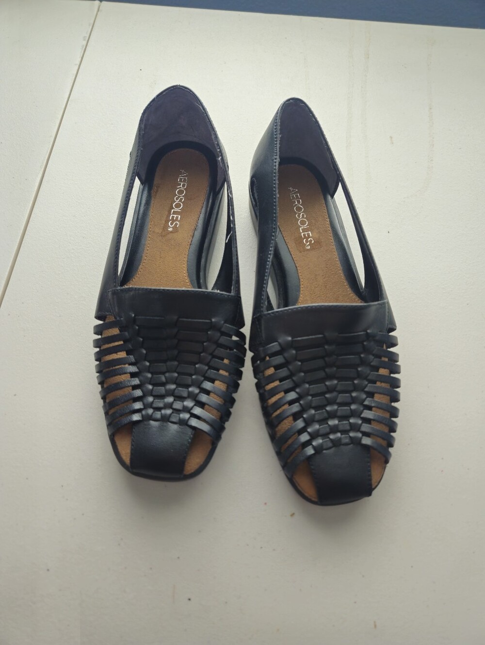 AEROSOLES Black Woven Leather Open-Toe Flats